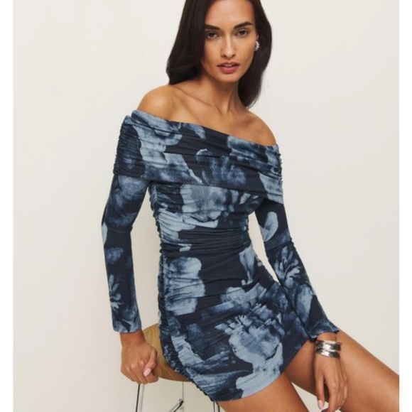 Reformation Blue and White Off-Shoulder Bodycon Dress